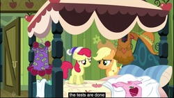 Size: 1920x1080 | Tagged: safe, screencap, apple bloom, applejack, g4, one bad apple, bed, youtube caption