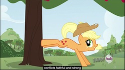 Size: 1920x1080 | Tagged: safe, screencap, applejack, g4, one bad apple, opening, youtube caption