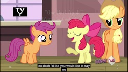 Size: 1920x1080 | Tagged: safe, screencap, apple bloom, applejack, scootaloo, g4, one bad apple, youtube caption