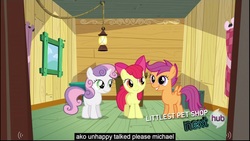 Size: 1920x1080 | Tagged: safe, edited screencap, screencap, apple bloom, scootaloo, sweetie belle, g4, one bad apple, caption, youtube caption
