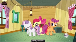 Size: 1920x1080 | Tagged: safe, edited screencap, screencap, apple bloom, scootaloo, sweetie belle, g4, one bad apple, caption, youtube caption