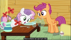 Size: 1920x1080 | Tagged: safe, edited screencap, screencap, scootaloo, sweetie belle, g4, one bad apple, caption, youtube caption