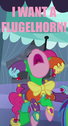 Size: 350x650 | Tagged: safe, pinkie pie, g4, bratty pie, caption, clothes, costume, d:, eyes closed, flugelhorn, jester, jester pie, kicking, nose in the air, open mouth, pink text, tongue out, uvula