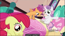 Size: 1920x1080 | Tagged: safe, edited screencap, screencap, apple bloom, scootaloo, sweetie belle, g4, one bad apple, bed, caption, youtube caption