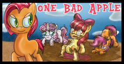 Size: 1441x743 | Tagged: safe, artist:mephilez, apple bloom, babs seed, scootaloo, sweetie belle, earth pony, pegasus, pony, unicorn, g4, one bad apple, crying, cutie mark crusaders, female, filly, mud, title card