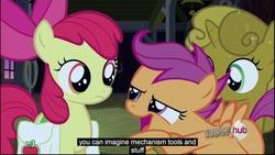 Size: 1920x1080 | Tagged: safe, edited screencap, screencap, apple bloom, scootaloo, sweetie belle, g4, one bad apple, caption, sweetie gold, youtube caption