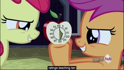 Size: 1920x1080 | Tagged: safe, screencap, apple bloom, scootaloo, g4, one bad apple, timer, youtube caption