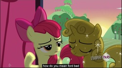 Size: 1920x1080 | Tagged: safe, edited screencap, screencap, apple bloom, sweetie belle, g4, my little pony: friendship is magic, one bad apple, caption, sweetie gold, youtube caption