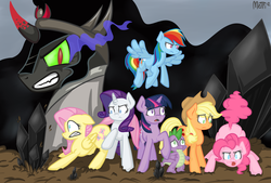 Size: 3550x2400 | Tagged: dead source, safe, artist:somnias, applejack, fluttershy, king sombra, pinkie pie, rainbow dash, rarity, spike, twilight sparkle, pony, umbrum, g4, mane seven