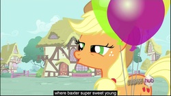 Size: 1920x1080 | Tagged: safe, screencap, applejack, g4, my little pony: friendship is magic, one bad apple, balloon, youtube caption