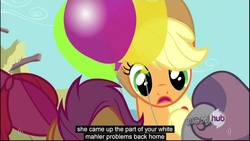 Size: 1920x1080 | Tagged: safe, edited screencap, screencap, apple bloom, applejack, scootaloo, sweetie belle, g4, my little pony: friendship is magic, one bad apple, balloon, caption, youtube caption