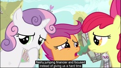 Size: 1920x1080 | Tagged: safe, edited screencap, screencap, apple bloom, scootaloo, sweetie belle, g4, my little pony: friendship is magic, one bad apple, caption, youtube caption