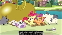 Size: 1920x1080 | Tagged: safe, edited screencap, screencap, apple bloom, scootaloo, sweetie belle, pig, pony, unicorn, g4, one bad apple, caption, dirty, female, filly, foal, horn, licking, mud, tongue out, youtube caption