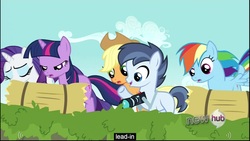 Size: 1920x1080 | Tagged: safe, screencap, applejack, rainbow dash, rarity, shady daze, twilight sparkle, g4, one bad apple, camera, colt, female, foal, hay bale, male, mare, youtube caption