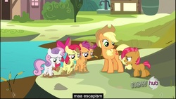 Size: 1920x1080 | Tagged: safe, edited screencap, screencap, apple bloom, applejack, babs seed, scootaloo, sweetie belle, g4, one bad apple, caption, cutie mark crusaders, dirty, hub logo, youtube caption