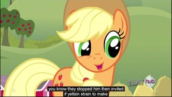 Size: 1920x1080 | Tagged: safe, screencap, applejack, g4, one bad apple, boris yeltsin, youtube caption