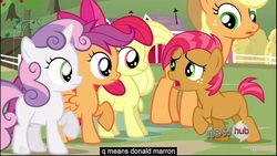 Size: 1920x1080 | Tagged: safe, edited screencap, screencap, apple bloom, applejack, babs seed, scootaloo, sweetie belle, g4, one bad apple, caption, youtube caption