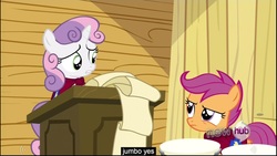 Size: 1920x1080 | Tagged: safe, edited screencap, screencap, scootaloo, sweetie belle, g4, one bad apple, caption, youtube caption