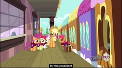 Size: 1920x1080 | Tagged: safe, edited screencap, screencap, apple bloom, applejack, babs seed, sweetie belle, g4, one bad apple, caption, youtube caption