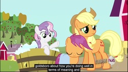 Size: 1920x1080 | Tagged: safe, edited screencap, screencap, applejack, scootaloo, sweetie belle, g4, one bad apple, caption, towel, wet, wet mane, youtube caption