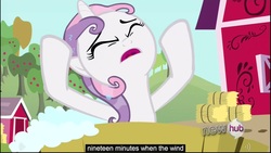 Size: 1920x1080 | Tagged: safe, edited screencap, screencap, sweetie belle, g4, one bad apple, caption, wet, wet mane, youtube caption