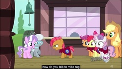 Size: 1920x1080 | Tagged: safe, edited screencap, screencap, apple bloom, applejack, diamond tiara, scootaloo, silver spoon, sweetie belle, g4, one bad apple, caption, youtube caption