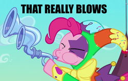 Size: 1100x700 | Tagged: safe, pinkie pie, g4, caption, flugelhorn, image macro, jester, jester pie, puffy cheeks, reaction image, that really blows