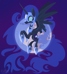 Size: 2148x2357 | Tagged: safe, artist:cuttycommando, nightmare moon, alicorn, pony, g4, armor, cutie mark, female, flying, full moon, hooves, horn, lineless, mare, moon, solo, spread wings, wings