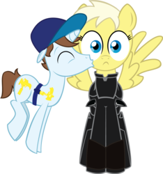 Size: 1032x1104 | Tagged: safe, artist:alisonwonderland1951, pegasus, pony, unicorn, armor, calhoun, colt, duo, duo male and female, female, fix-it felix jr., foal, hero's duty, horn, kissing, male, mare, ponified, simple background, spread wings, transparent background, wings, wreck-it ralph