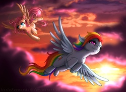 Size: 1000x727 | Tagged: safe, artist:littlefernanda, fluttershy, rainbow dash, pegasus, pony, g4, cloud, colored hooves, duo, duo female, dusk, female, flying, mare, sky, spread wings, wings