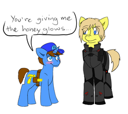 Size: 1112x994 | Tagged: safe, artist:maniacalmelody, earth pony, pony, unicorn, armor, belt, calhoun, cap, dialogue, fix-it felix jr., hat, hero's duty, ponified, wreck-it ralph