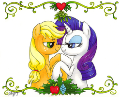 Size: 800x640 | Tagged: safe, artist:fallenzephyr, applejack, rarity, earth pony, pony, unicorn, g4, female, holiday, holly, lesbian, mare, mistletoe, noseboop, nuzzling, ship:rarijack, shipping, traditional art