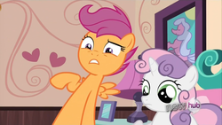 Size: 1280x720 | Tagged: safe, screencap, scootaloo, sweetie belle, g4, one bad apple, season 3, hub logo