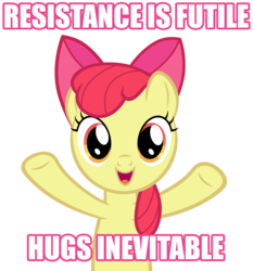 Size: 4900x5265 | Tagged: safe, artist:austiniousi, apple bloom, g4, .psd available, absurd resolution, bronybait, hug, image macro, resistance is futile, simple background, transparent background, vector