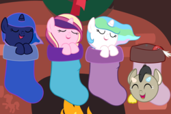 Size: 3600x2400 | Tagged: safe, artist:beavernator, discord, princess cadance, princess celestia, princess luna, pony, g4, cewestia, christmas, cute, cutedance, daaaaaaaaaaaw, discord being discord, discute, eyes closed, filly, happy, hnnng, open mouth, smiling, woona