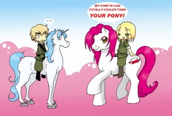 Size: 1013x685 | Tagged: safe, artist:reikkuli, human, pony, unicorn, crossover, england, hetalia, poland, riding, speech bubble