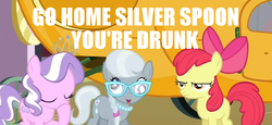 Size: 1156x534 | Tagged: safe, edit, edited screencap, screencap, apple bloom, diamond tiara, silver spoon, earth pony, pony, g4, one bad apple, season 3, caption, derp, faic, female, filly, glasses, go home you're drunk, text
