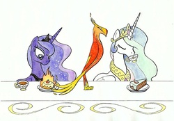 Size: 1000x695 | Tagged: safe, artist:sovwi, philomena, princess celestia, princess luna, phoenix, g4, cake, fire