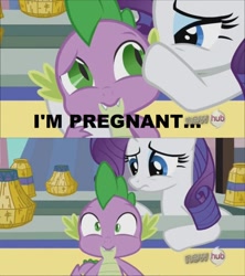 Size: 842x948 | Tagged: safe, edit, edited screencap, screencap, rarity, spike, dragon, pony, unicorn, g4, caption, comic, female, male, mare, out of context, pregnant, screencap comic, ship:sparity, shipping, straight