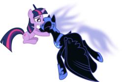 Size: 7990x5330 | Tagged: safe, artist:90sigma, twilight sparkle, oc, oc:nyx, alicorn, pony, unicorn, fanfic:past sins, g4, absurd resolution, crying, injured ethereal hair, injured wing, nightmare nyx, simple background, transparent background, unicorn twilight, vector, wings