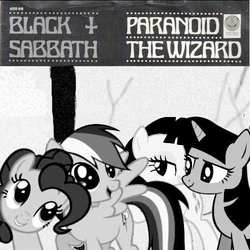 Size: 500x500 | Tagged: safe, pinkie pie, rainbow dash, rarity, twilight sparkle, earth pony, pegasus, pony, unicorn, g4, black sabbath, female, heavy metal, mare, metal, monochrome, paranoid, parody, ponified, ponified single cover, single cover