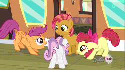 Size: 500x281 | Tagged: safe, screencap, apple bloom, babs seed, scootaloo, sweetie belle, earth pony, pony, g4, one bad apple, animated, butt, cutie mark crusaders, female, plot, sweetie butt