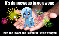 Size: 900x548 | Tagged: safe, artist:kloudmutt, edit, trixie, g4, cute, diatrixes, female, filly, filly trixie, fireworks, hand, happy, image macro, in goliath's palm, it's dangerous to go alone, meme, micro, smiling, take this, the legend of zelda, younger
