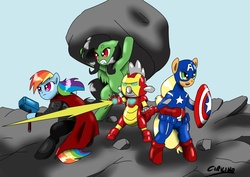 Size: 1754x1240 | Tagged: safe, artist:ciriliko, applejack, fluttershy, rainbow dash, spike, g4, amerijack, avengers, captain america, crossover, flutterhulk, hilarious in hindsight, iron man, the incredible hulk, thor