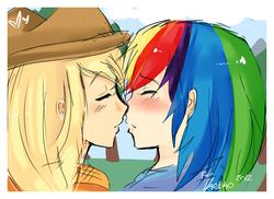 Size: 740x540 | Tagged: safe, artist:keikora, applejack, rainbow dash, human, g4, female, humanized, imminent kissing, lesbian, ship:appledash, shipping