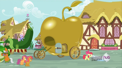 Size: 1366x768 | Tagged: safe, screencap, apple bloom, babs seed, rainbowshine, royal riff, scootaloo, g4, one bad apple, float, summer harvest parade
