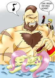 Size: 1240x1754 | Tagged: safe, artist:ciriliko, fluttershy, g4, brush, brushie, brushie brushie, brushing, crossover, duke nukem, manly men doing manly things, real men love ponies, street fighter, zangief
