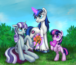 Size: 1900x1618 | Tagged: safe, artist:nyarmarr, shining armor, twilight sparkle, twilight velvet, g4, female, flower, heart, male, mother and child, mother and daughter, mother and son, mother's day