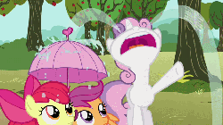 Size: 720x405 | Tagged: safe, screencap, apple bloom, scootaloo, sweetie belle, g4, one bad apple, season 3, animated, crying, female, gif, loop, nose in the air, ocular gushers, umbrella, volumetric mouth