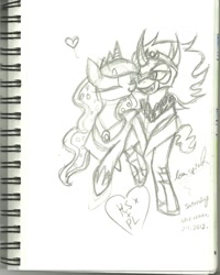 Size: 800x1000 | Tagged: safe, artist:modernlisart, king sombra, princess luna, g4, female, heart, male, monochrome, ship:lumbra, shipping, sketch, straight